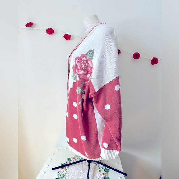 Vintage Rose Floral Cotton Ramie Maggie Lawrence Oversized Sweater Cardigan L XL - Picture 6 of 9